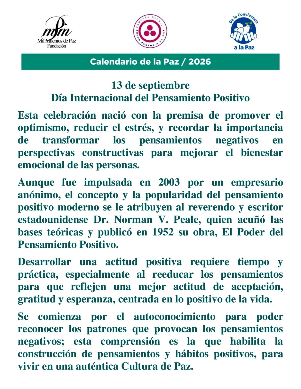 Calendario de la Paz 2026 - Pensamiento Positivo
